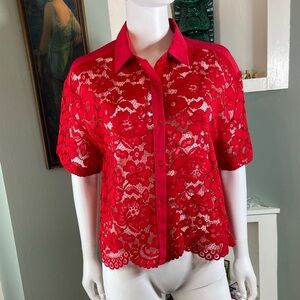 Nwt new Express Red Sheer Lace Short Sleeve Blouse top shirt medium m